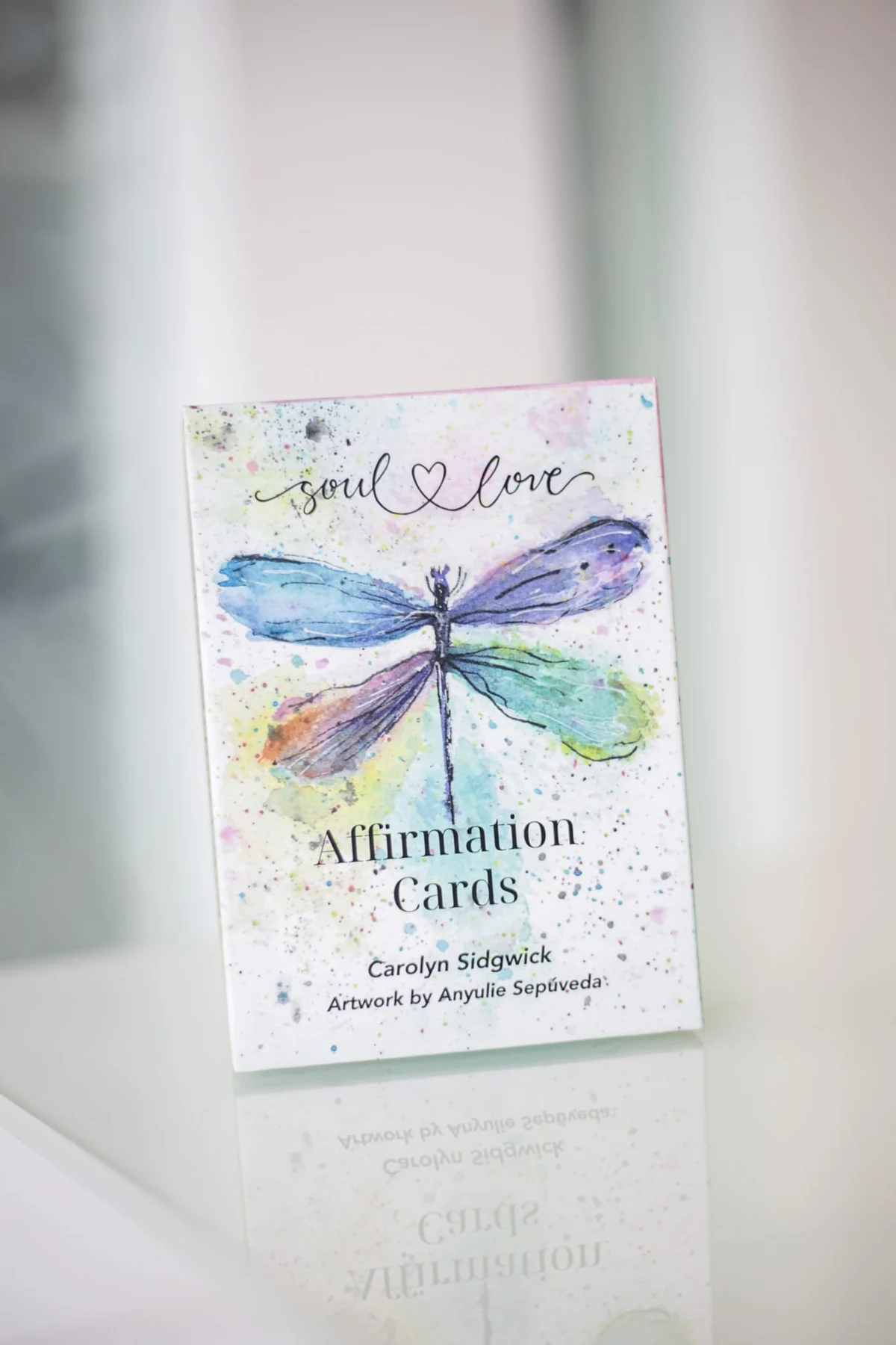 Soul Love Affirmation Cards product box with watercolor dragonfly artwork