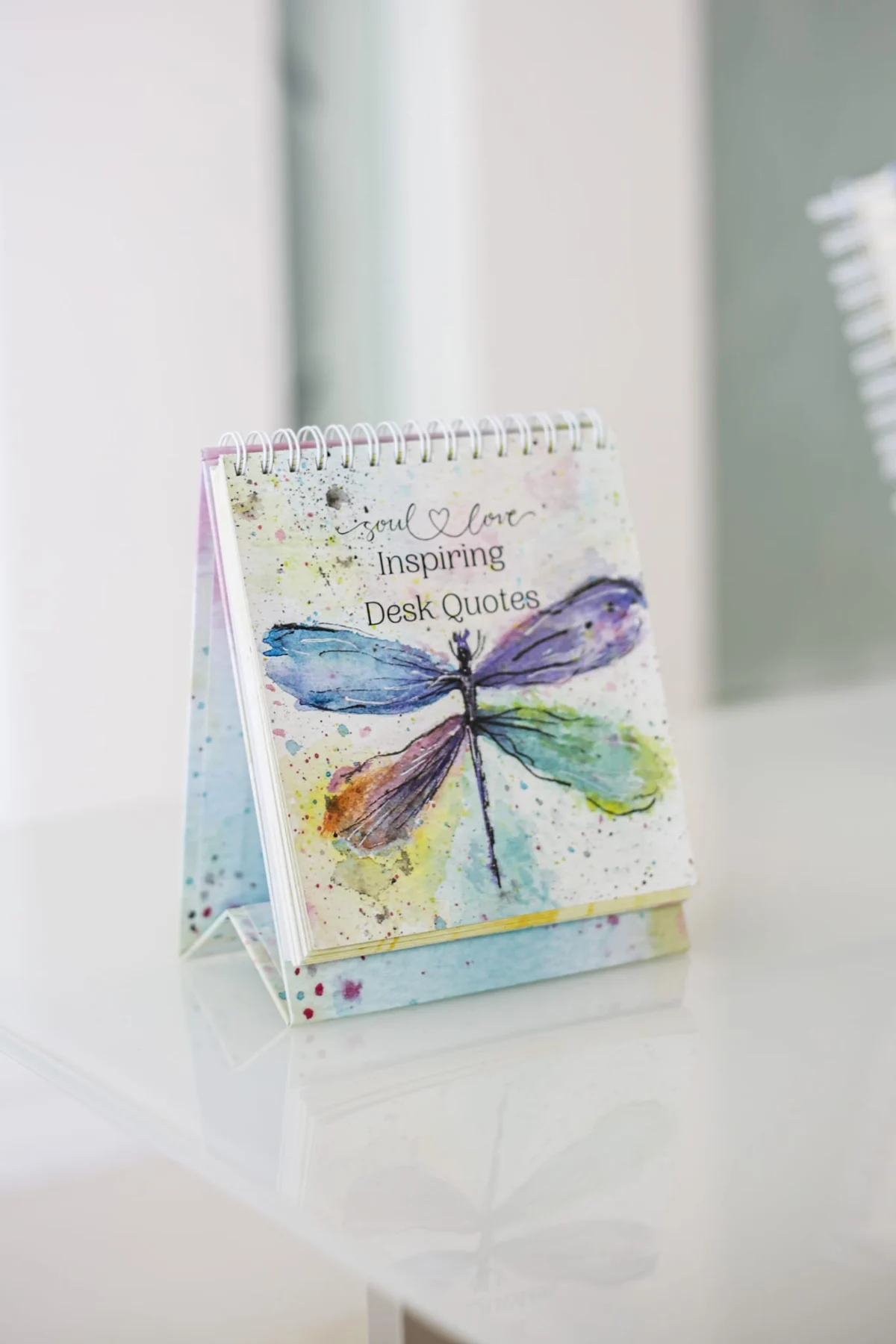 Soul Love Inspiring Affirmation Desk Quotes spiral-bound display with watercolor dragonfly artwork