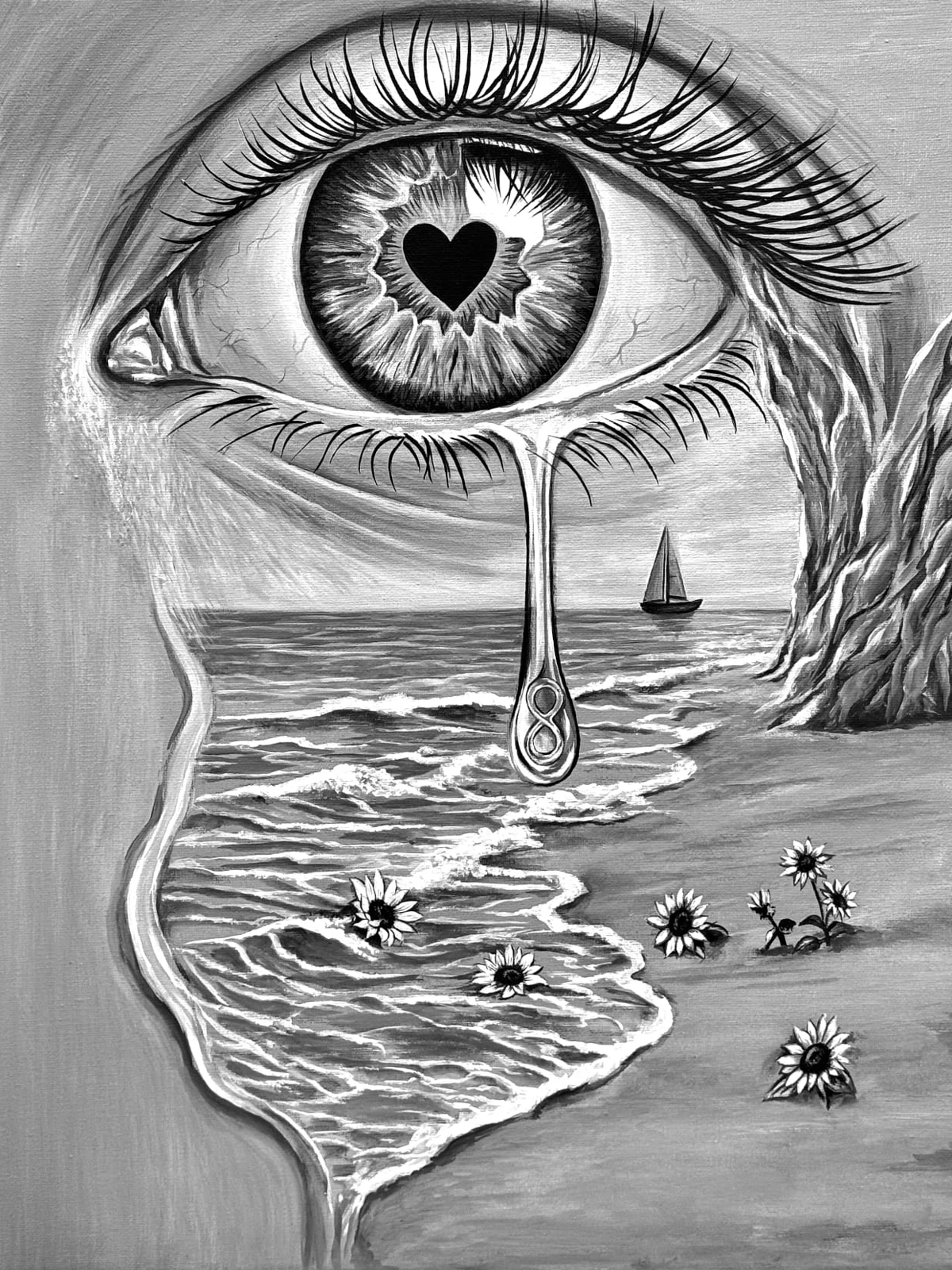 Black-and-white artwork of an eye shedding a tear over the sea for Lost Loved Ones