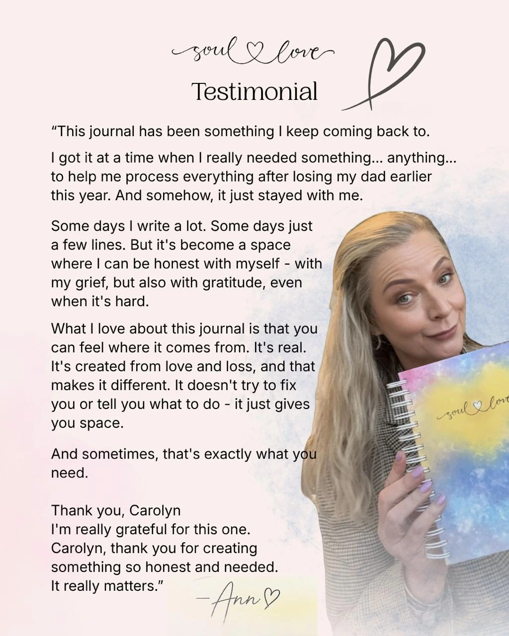 Ann holding the Soul Love Journal beside her testimonial